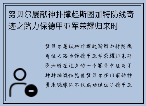 努贝尔屡献神扑撑起斯图加特防线奇迹之路力保德甲亚军荣耀归来时 努贝尔屡献神扑撑起斯图加特防线奇迹之路力保德甲亚军荣耀归来时